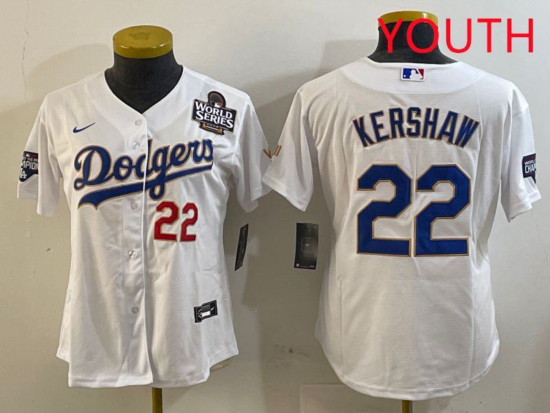 Youth Los Angeles Dodgers #22 Kershaw White Gold Game 2025 Nike MLB Jersey style 7->youth mlb jersey->Youth Jersey